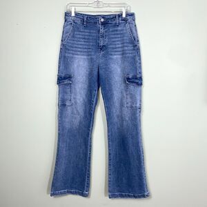 Kancan Aspen High Rise Wide Flare Jeans Cargo Stretch Juniors 9/28 Blue Denim